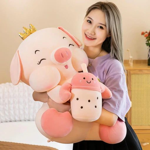 Kawaii Pig Plush With Milk Tea Cup 23.6 inch