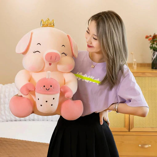 Kawaii Pig Plush With Milk Tea Cup 23.6 inch 