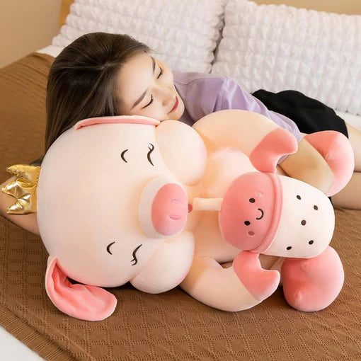 Kawaii Pig Plush With Milk Tea Cup 23.6 inch 